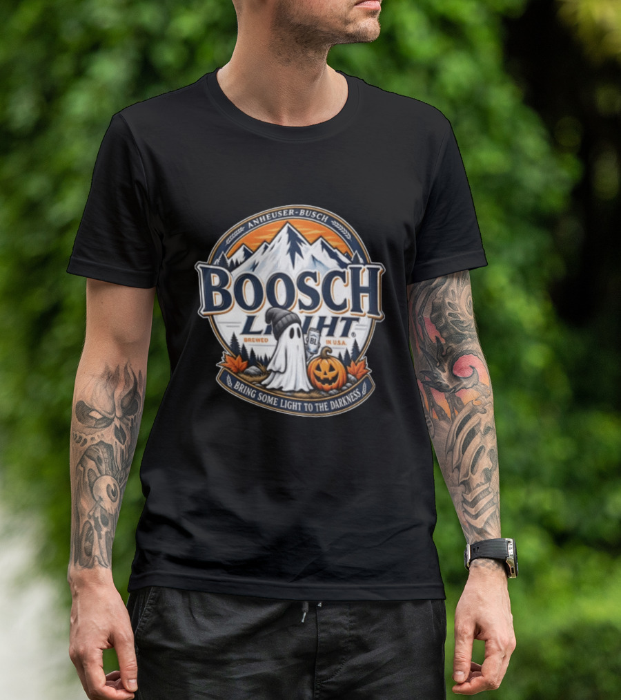Anheuser Busch Boosch Light Brewed In USA Halloween Ghost Holding Can Jack O Lantern Bring Some Light To The Darkness T-Shirt