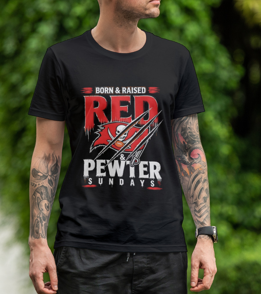 Born And Raised Red And Pewter Sundays Tampa Bay Buccaneers Flag Football T-Shirt