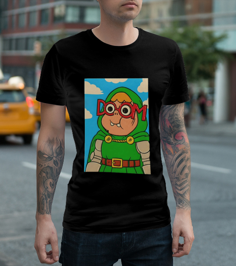 Clarence Doctor Doom Cartoon Crossover DOOM Glasses Green Hood Clouds T-Shirt