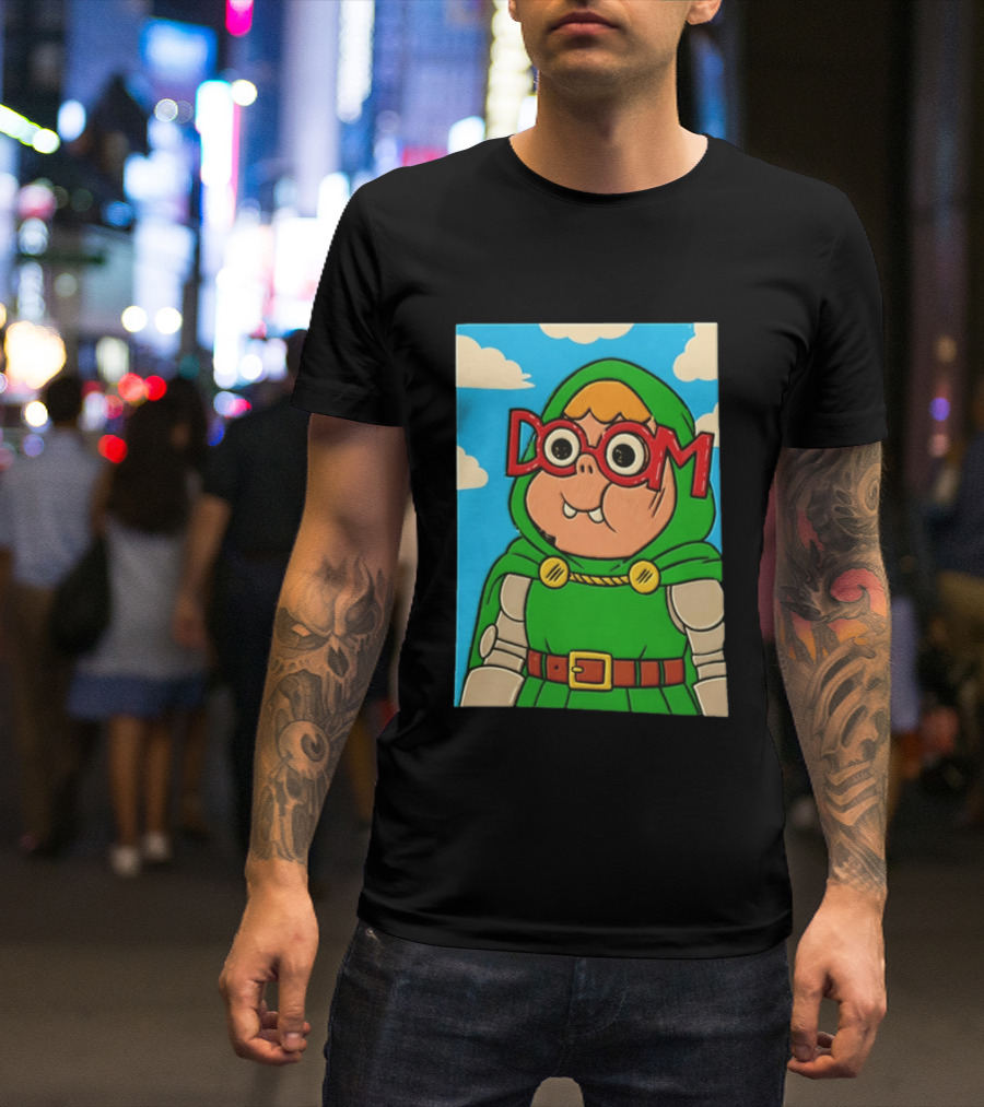 Clarence Doctor Doom Cartoon Crossover DOOM Glasses Green Hood Clouds T-Shirt
