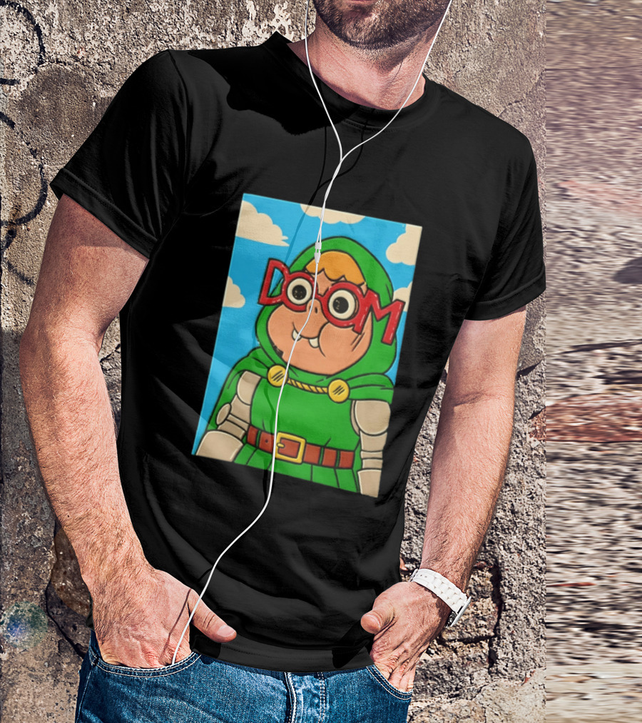 Clarence Doctor Doom Cartoon Crossover DOOM Glasses Green Hood Clouds T-Shirt