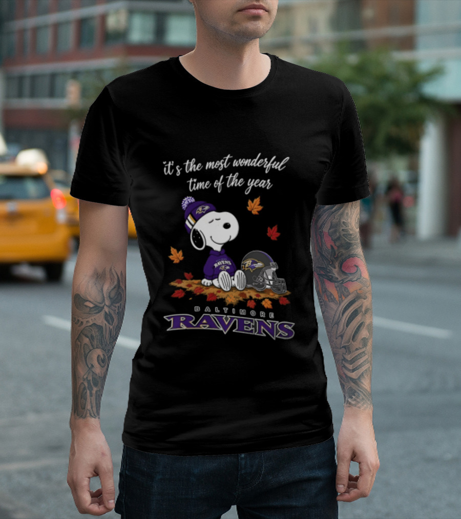 It's The Most Wonderful Time Of The Year Snoopy Baltimore Ravens Beagle Beanie Helmet Autumn Leaves T-Shirt