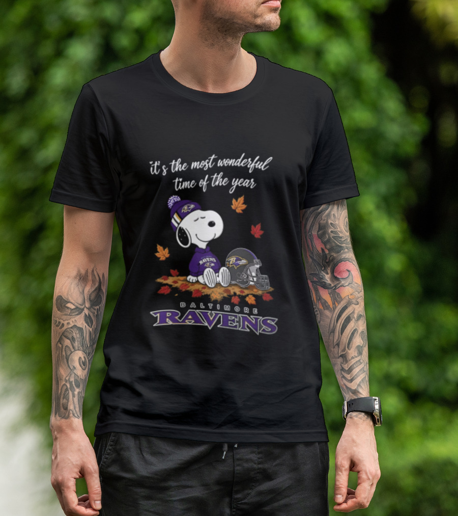 It's The Most Wonderful Time Of The Year Snoopy Baltimore Ravens Beagle Beanie Helmet Autumn Leaves T-Shirt
