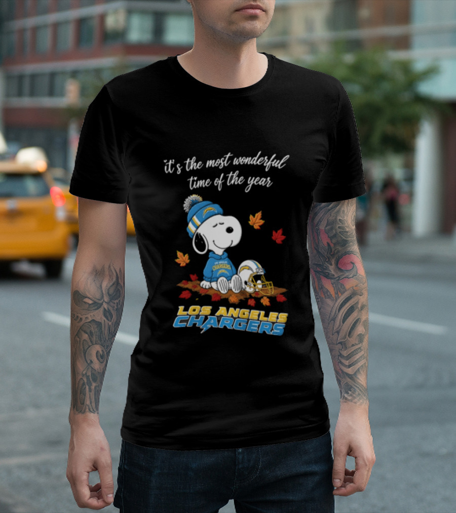 It's The Most Wonderful Time Of The Year Snoopy Los Angeles Chargers Beanie Autumn Leaves Football Helmet T-Shirt