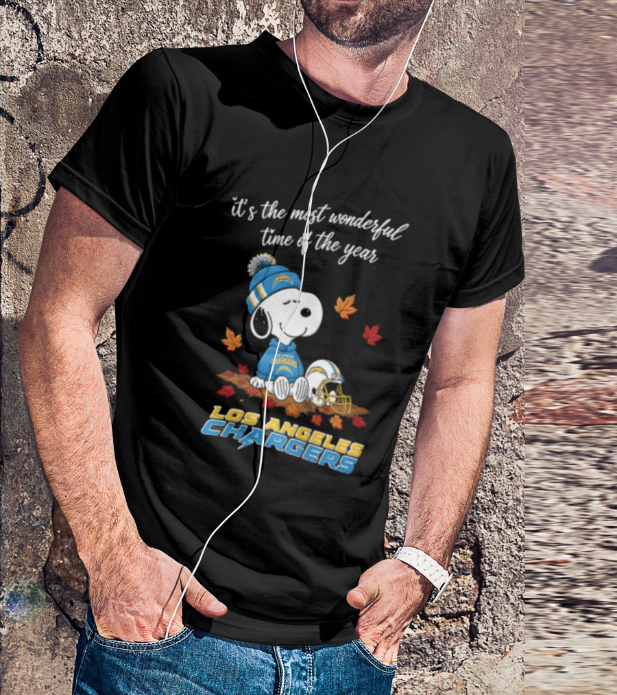 It's The Most Wonderful Time Of The Year Snoopy Los Angeles Chargers Beanie Autumn Leaves Football Helmet T-Shirt
