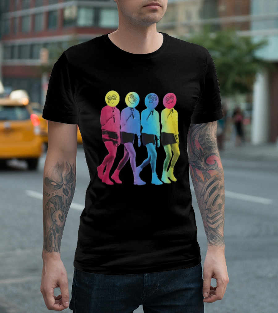 Four Neon Spiral Smileys Singing Colorful Figures T-Shirt