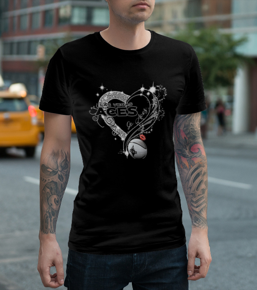 Las Vegas Aces WNBA Rhinestone Heart Basketball Sparkles Lips T-Shirt