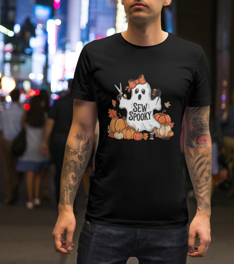 Sew Spooky Ghost With Bow Scissors Pumpkins Autumn Leaves Thread Spools T-Shirt