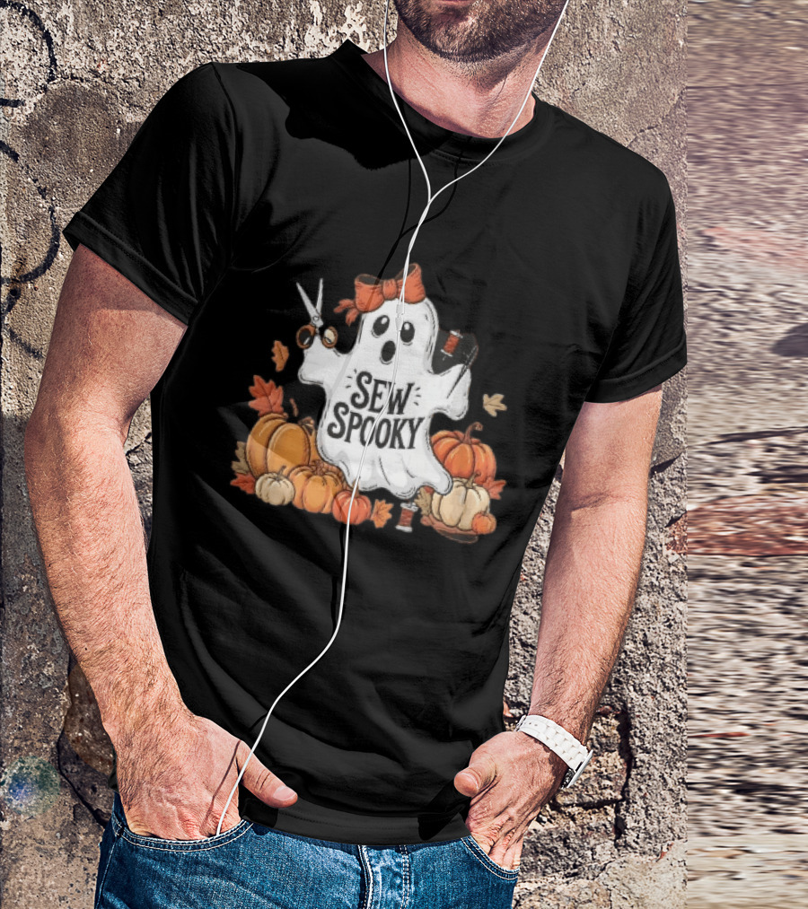 Sew Spooky Ghost With Bow Scissors Pumpkins Autumn Leaves Thread Spools T-Shirt