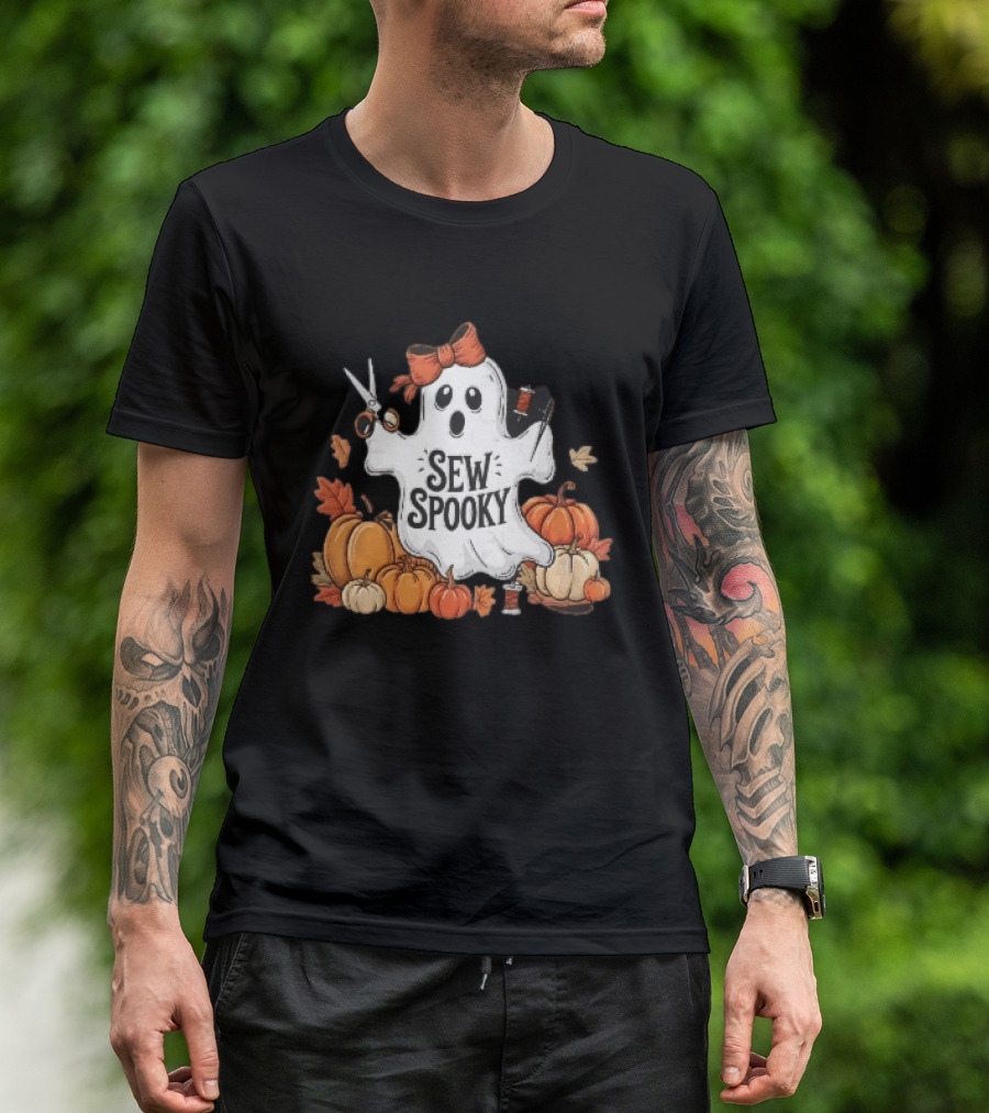Sew Spooky Ghost With Bow Scissors Pumpkins Autumn Leaves Thread Spools T-Shirt