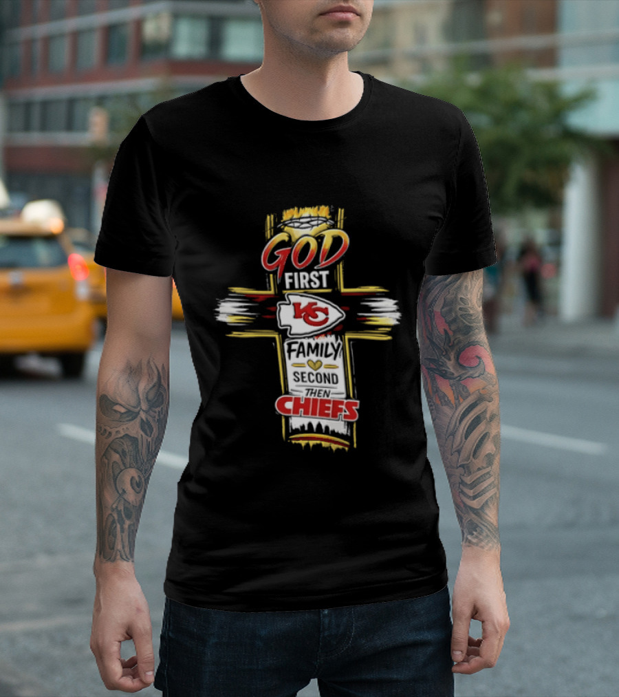 God First Family Second Kansas City Chiefs Cross Crown Of Thorns T-Shirt