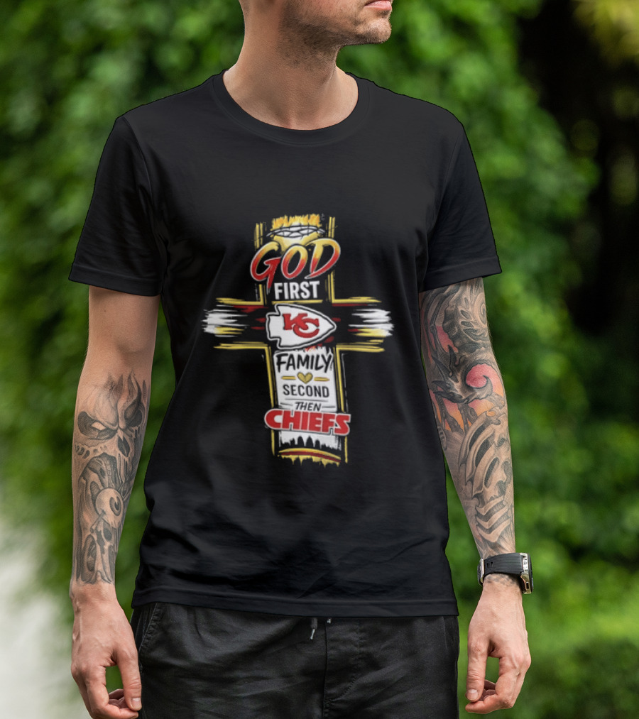 God First Family Second Kansas City Chiefs Cross Crown Of Thorns T-Shirt
