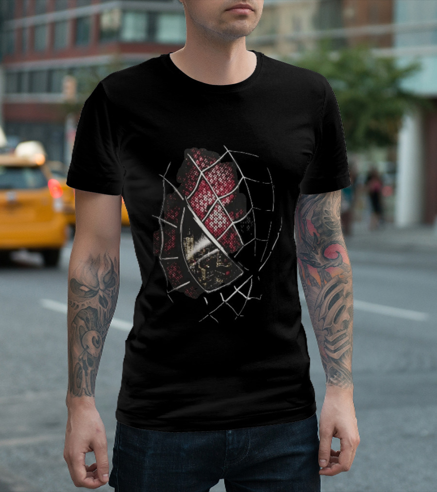 Spider Man Mask With City Skyline Reflection In Night Sketch Lines T-Shirt