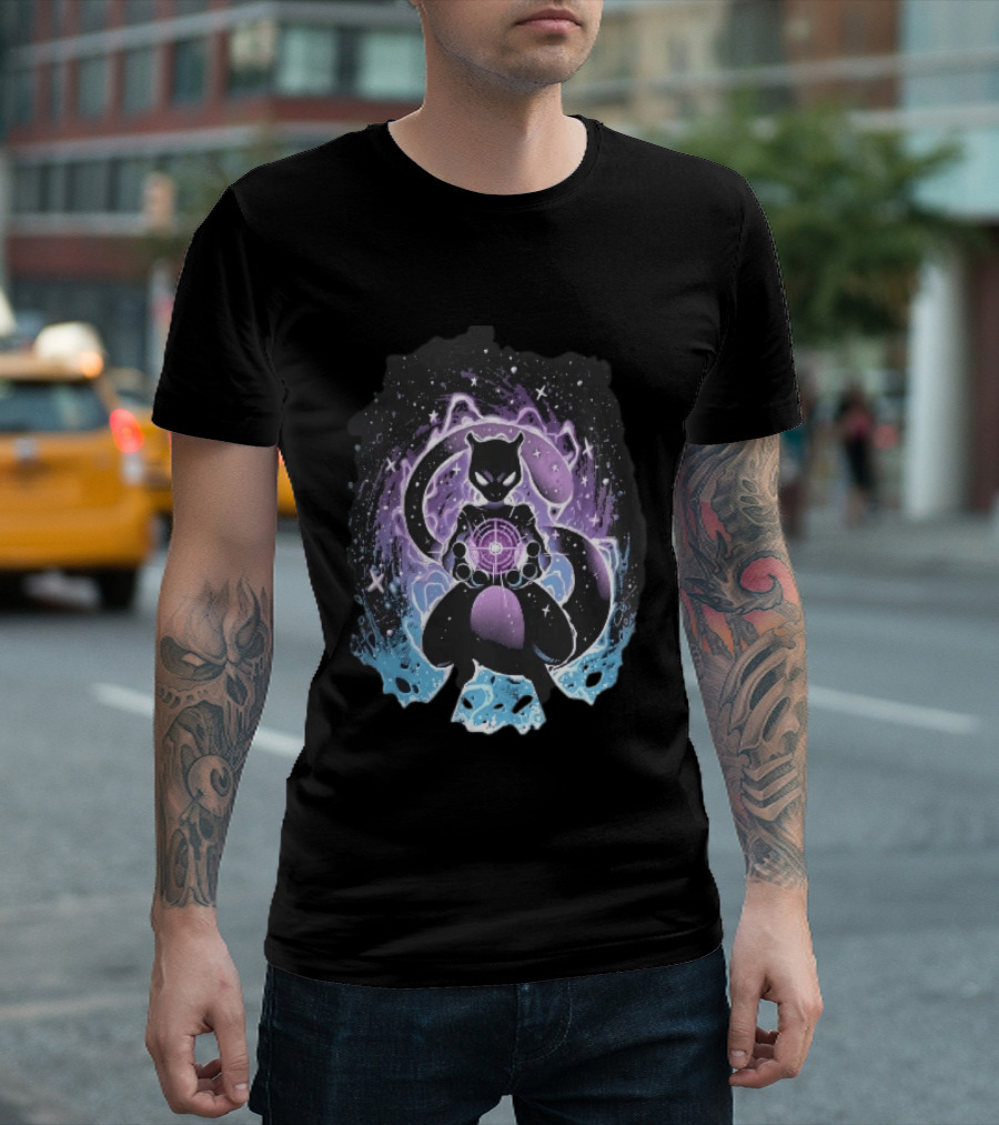 Mewtwo Cosmic Purple Energy Sphere Galaxy Stars Blue Flames T-Shirt