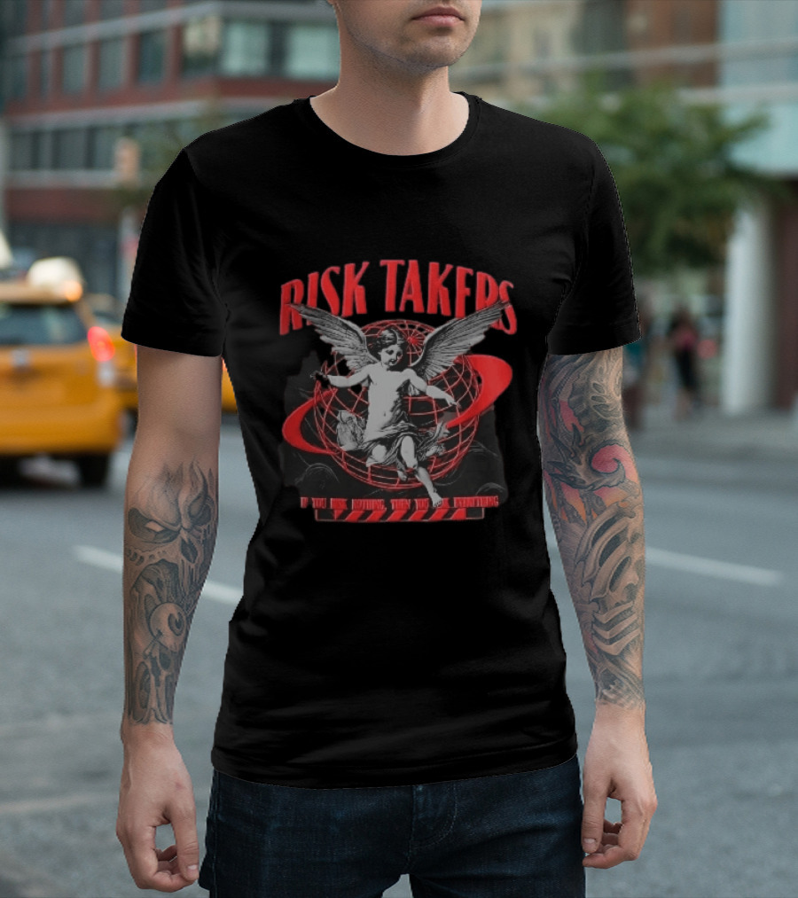 Risk Takers Winged Cherub If You Risk Nothing Then You Risk Everything Red Grid Globe T-Shirt
