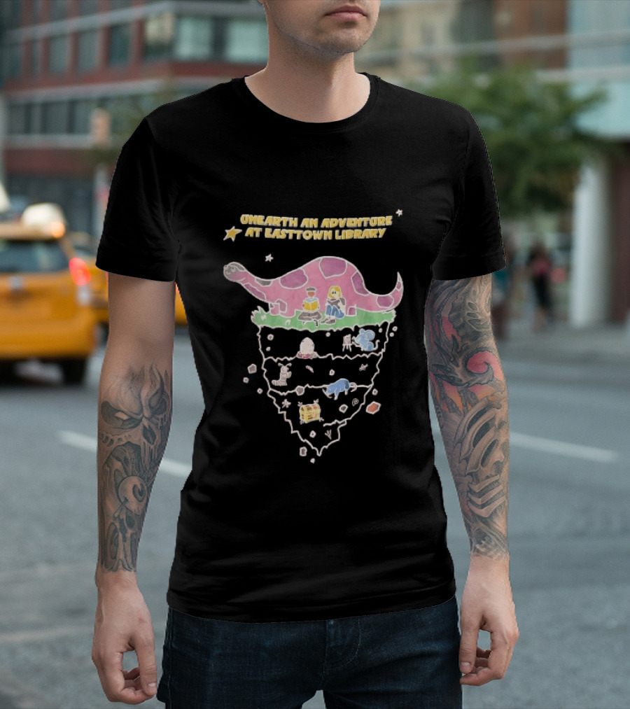 Unearth An Adventure At Easttown Library Pink Dinosaur Journey T-Shirt