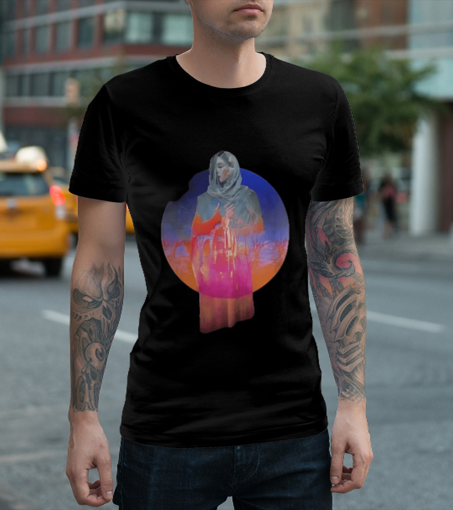 Veiled Hooded Cloak Double Exposure Bare Trees Glowing Sunset Globe T-Shirt