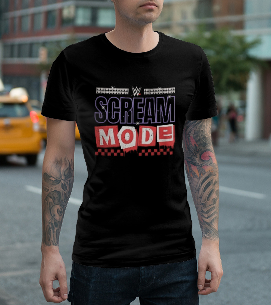 Scream Mode WWE Silver Studs Red Cutout Dripping Blocks Checkered T-Shirt