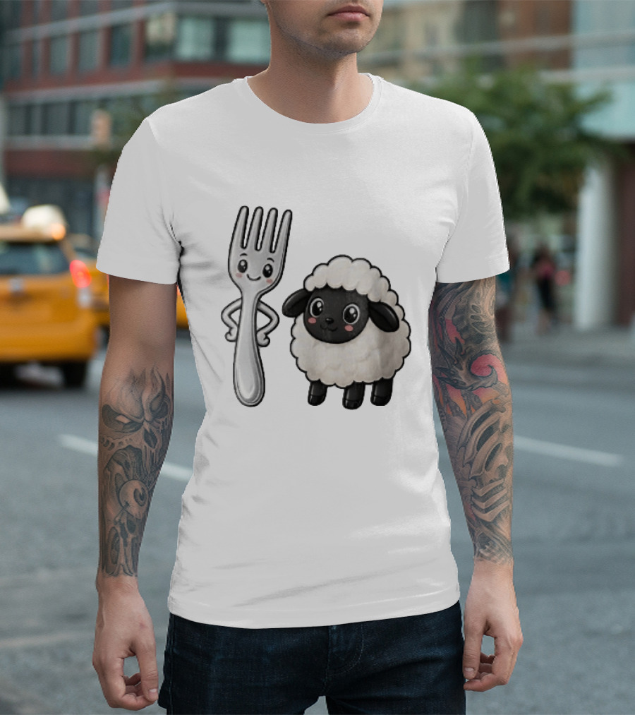 Chibi Style Silver Fork And Cute Black Faced Lamb Cartoon T-Shirt