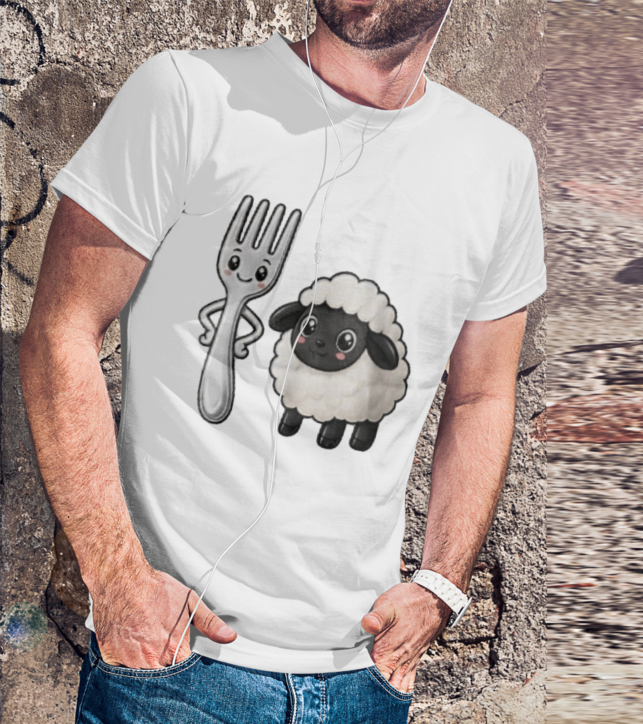 Chibi Style Silver Fork And Cute Black Faced Lamb Cartoon T-Shirt