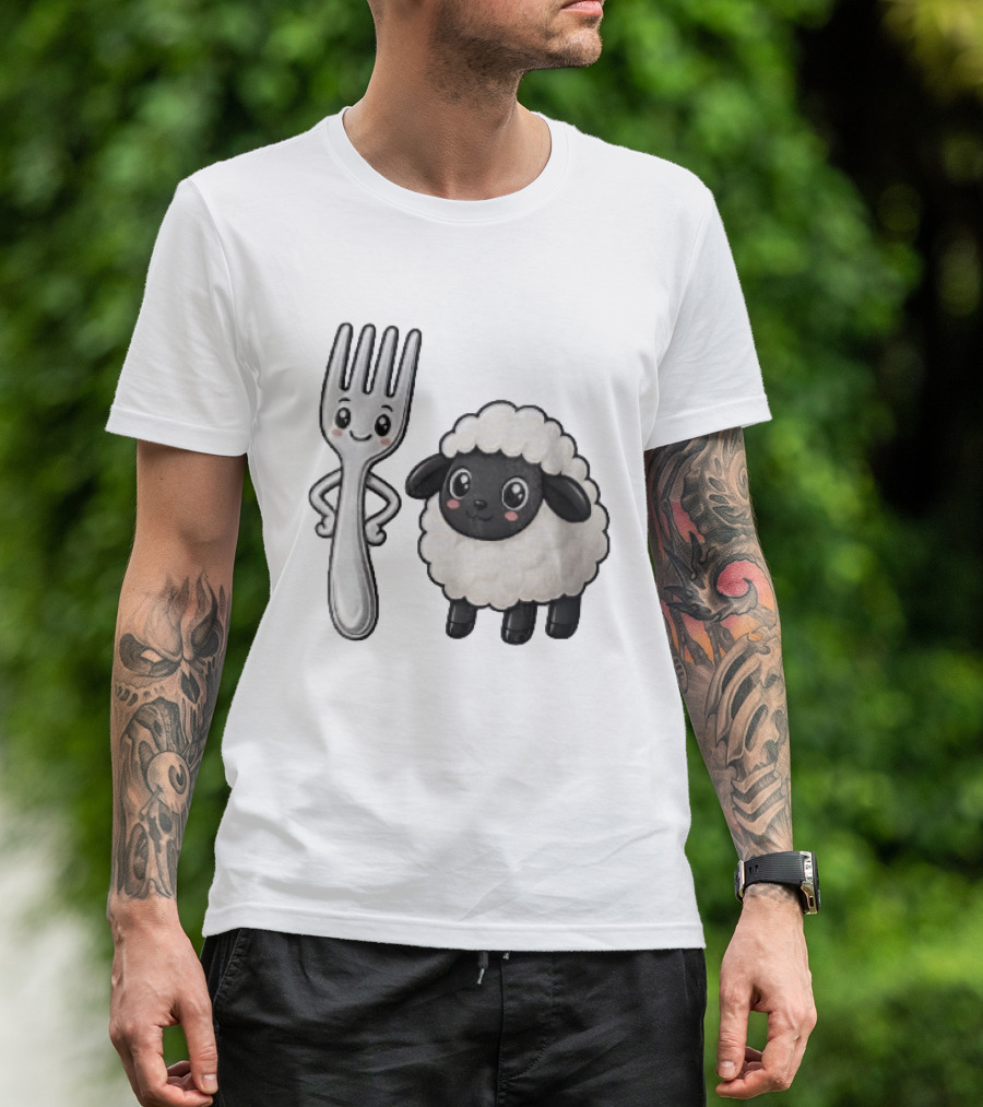 Chibi Style Silver Fork And Cute Black Faced Lamb Cartoon T-Shirt