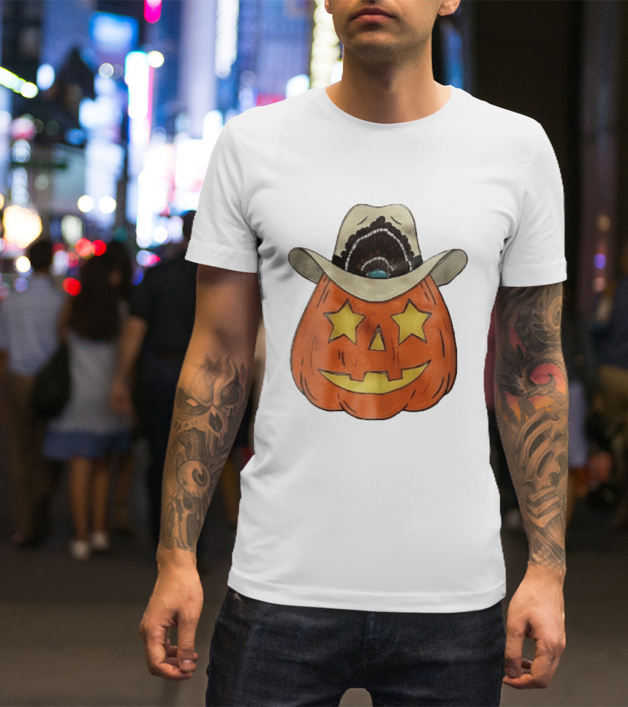 Starry Eyed Jack O Lantern Pumpkin Cowboy Hat Feather T-Shirt