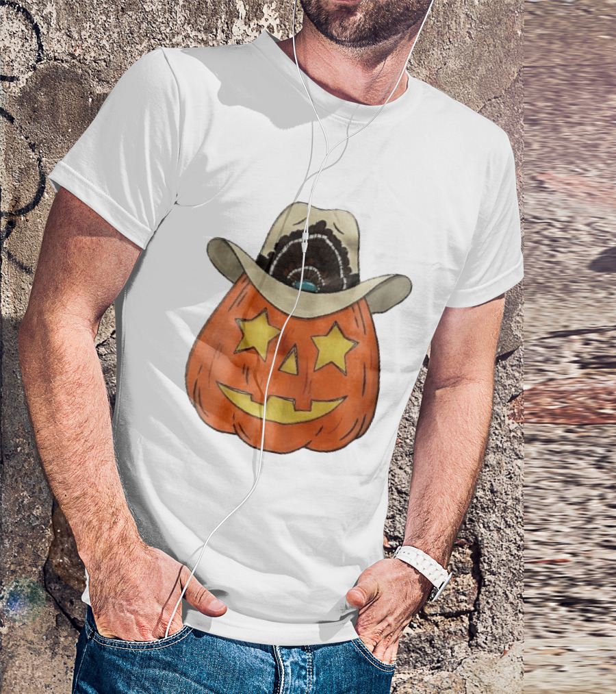 Starry Eyed Jack O Lantern Pumpkin Cowboy Hat Feather T-Shirt