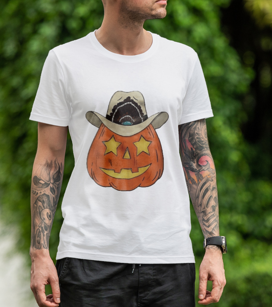 Starry Eyed Jack O Lantern Pumpkin Cowboy Hat Feather T-Shirt