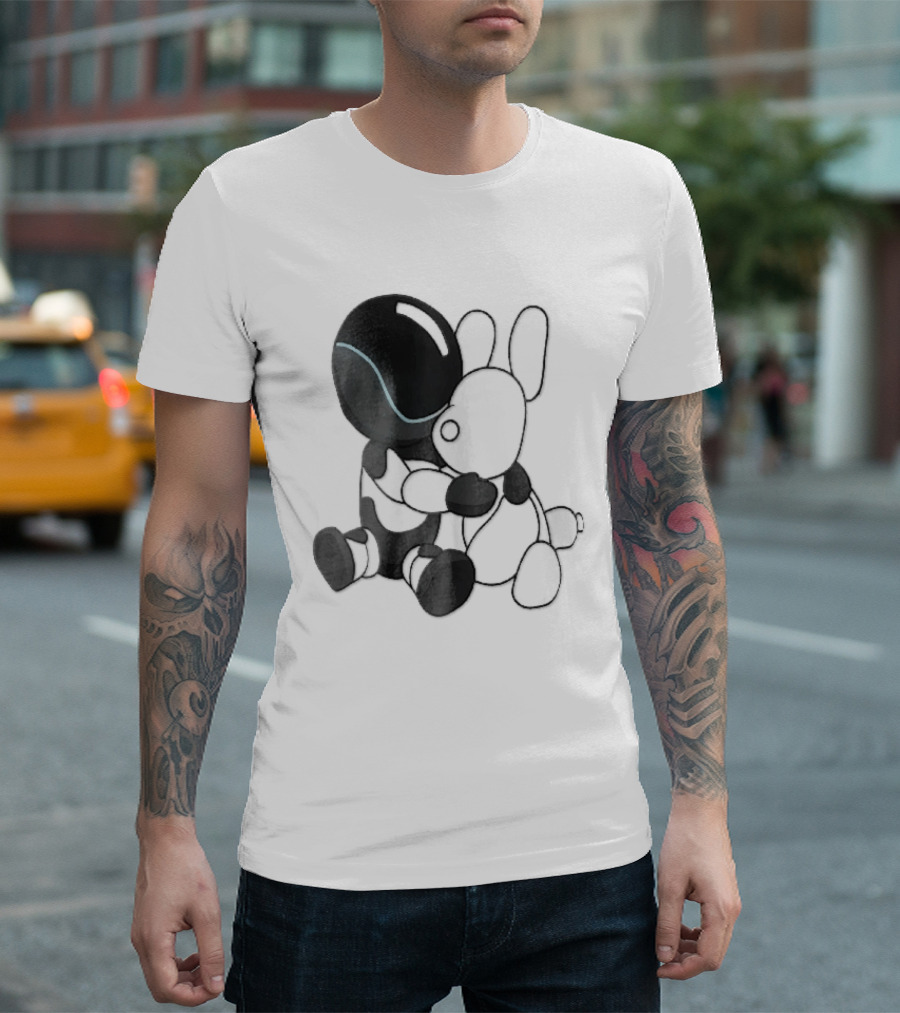 Cartoon Robot Embracing White Bunny Plush Toy T-Shirt