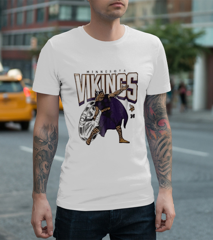 Minnesota Vikings Horned Helmet Warrior With Chrome Shield And Purple Cape T-Shirt