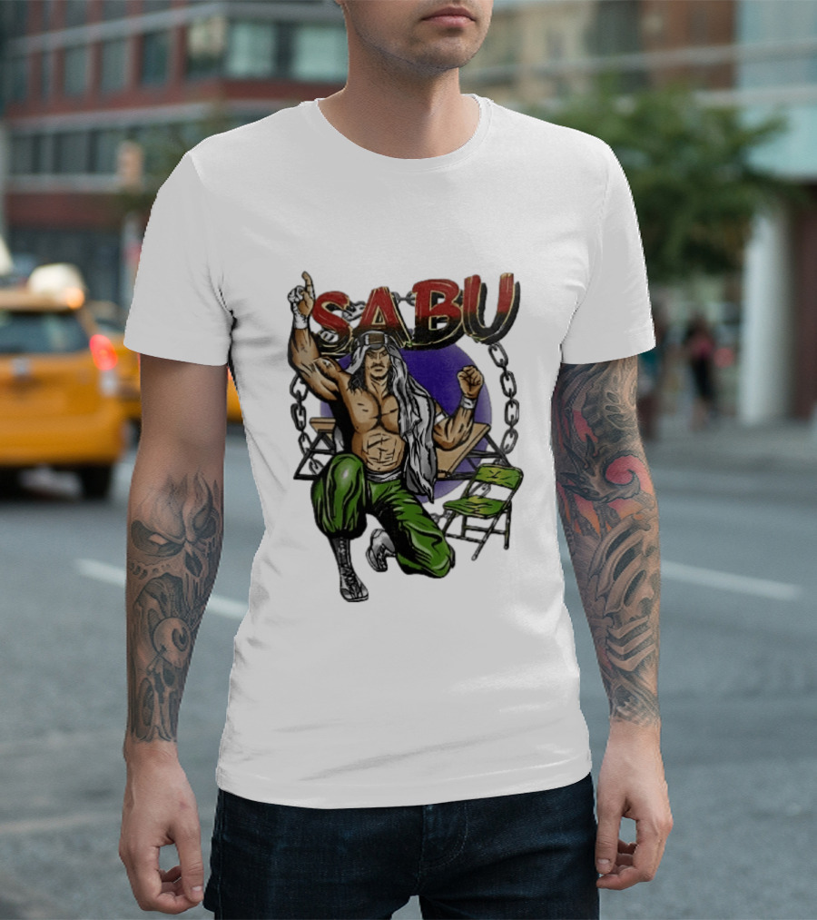 Sabu Terry Brunk Cartoon Kneeling Pose Green Chair Wooden Table Chains T-Shirt