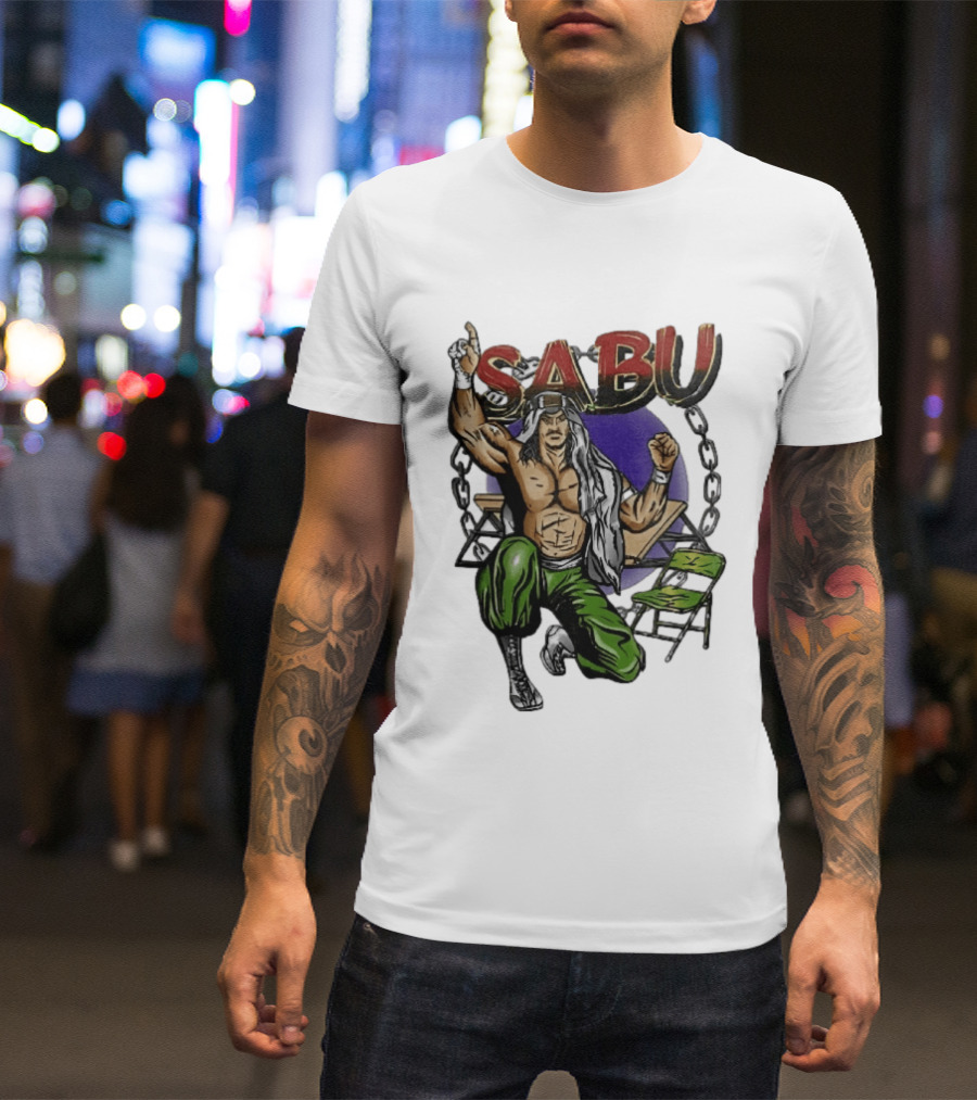 Sabu Terry Brunk Cartoon Kneeling Pose Green Chair Wooden Table Chains T-Shirt