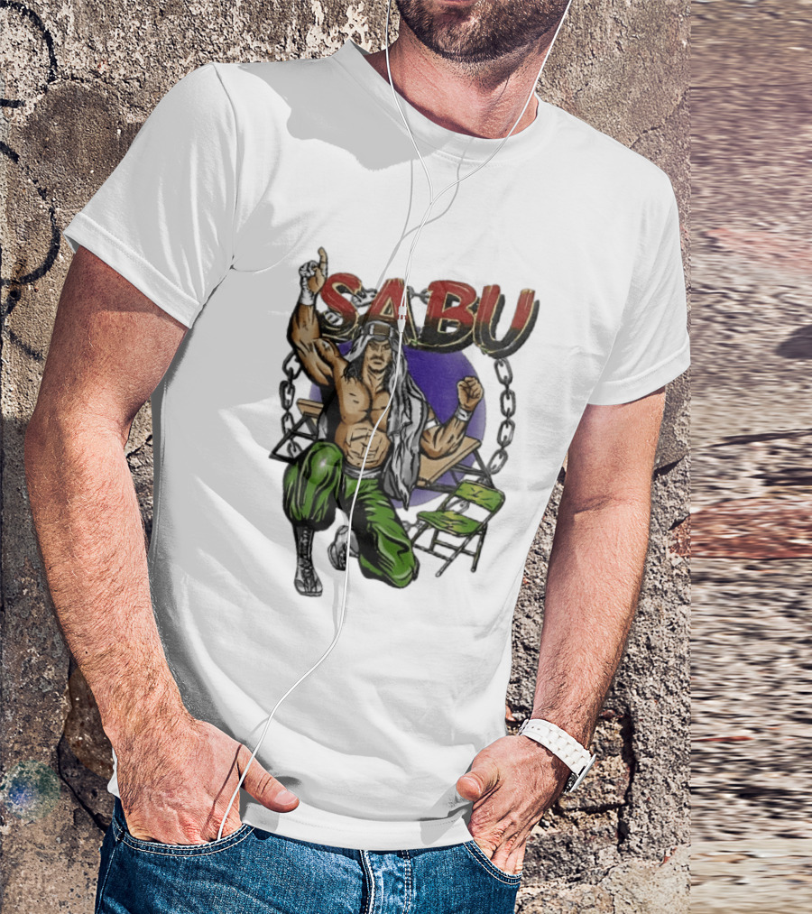Sabu Terry Brunk Cartoon Kneeling Pose Green Chair Wooden Table Chains T-Shirt