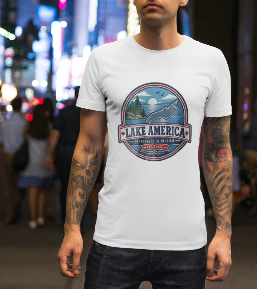 Lake America Department Of Tourism Est 2026 Circular Sunrise Pine Trees Scenic Landscape T-Shirt