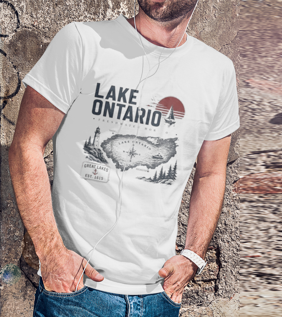Lake Ontario Rochester Great Lakes Est 1615 Vintage Scenic Sunset License Plate Anchored Sailboat Lighthouse T-Shirt