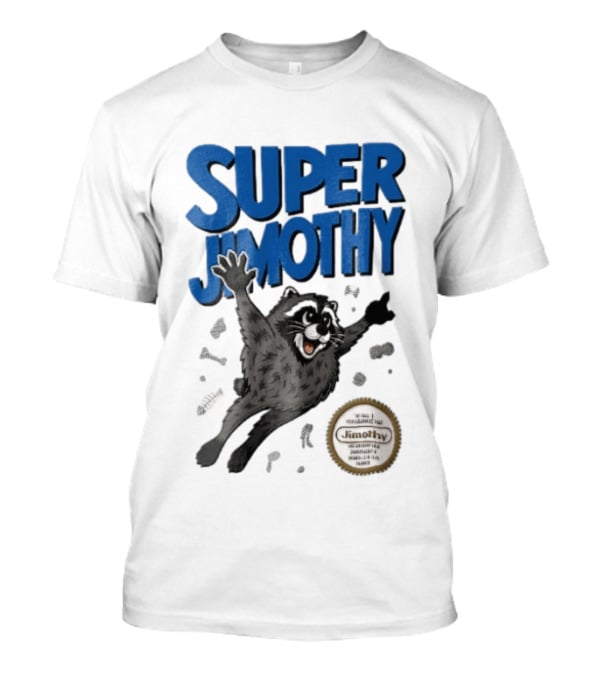 Super Jimothy Cartoon Flying Raccoon Trash Scraps Gold Seal T-Shirt