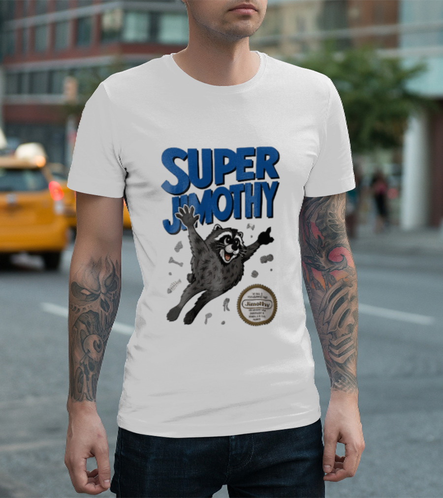 Super Jimothy Cartoon Flying Raccoon Trash Scraps Gold Seal T-Shirt