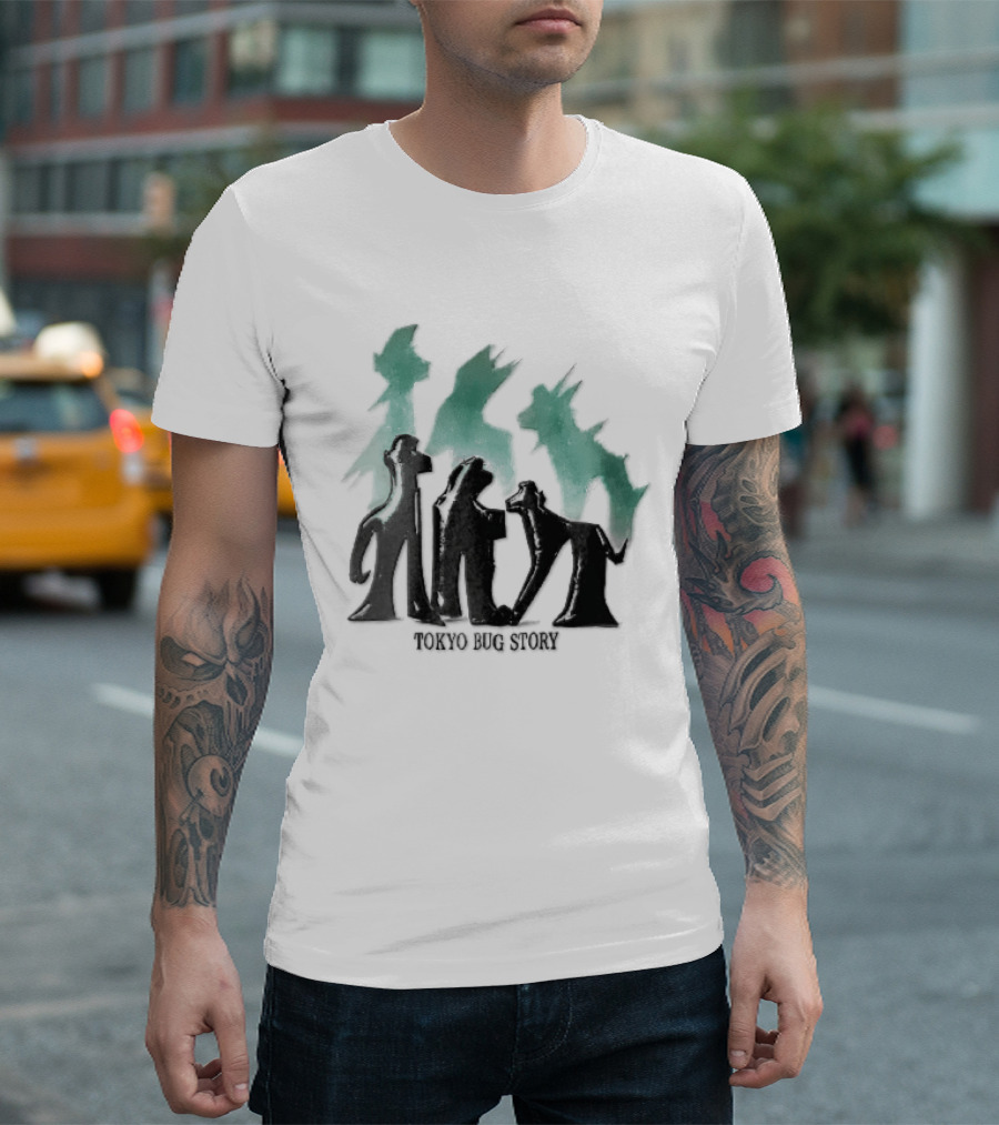 Tokyo Bug Story Glossy Black Figures Green Watercolor Shadows T-Shirt