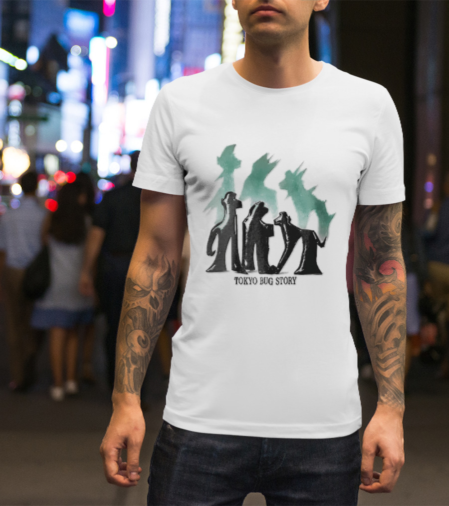 Tokyo Bug Story Glossy Black Figures Green Watercolor Shadows T-Shirt