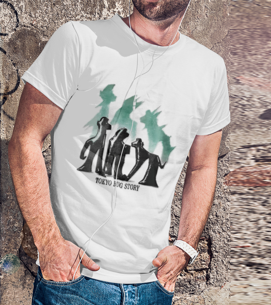 Tokyo Bug Story Glossy Black Figures Green Watercolor Shadows T-Shirt
