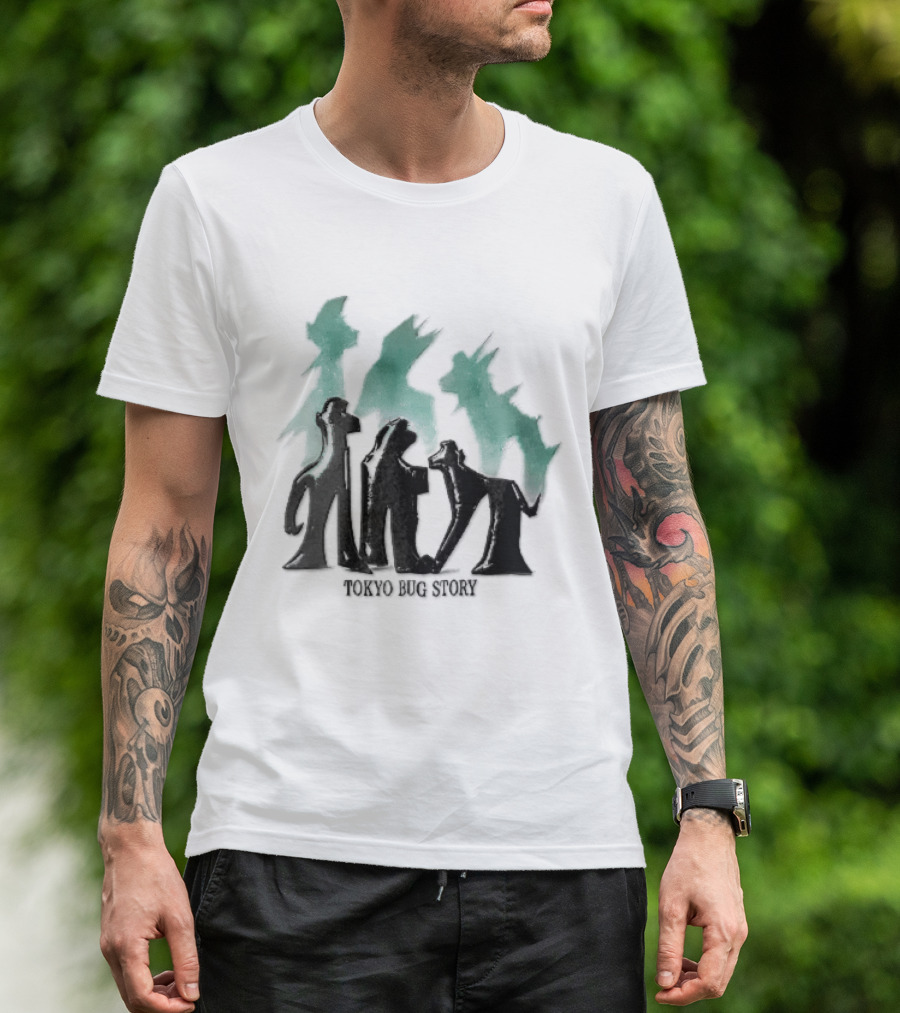 Tokyo Bug Story Glossy Black Figures Green Watercolor Shadows T-Shirt