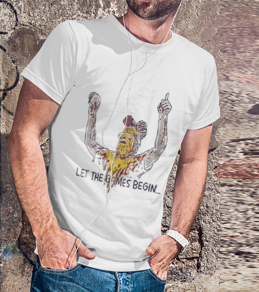 Let The Games Begin Caricature Beard Sunglasses Dripping Mustard Ketchup Line Arms Raised T-Shirt