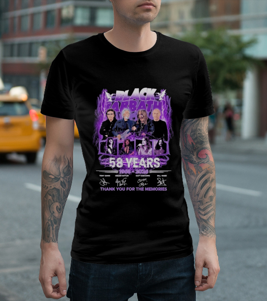 Black Sabbath 58 Years 1968 2026 Tony Iommi Geezer Butler Ozzy Osbourne Bill Ward Thank You For The Memories T-Shirt