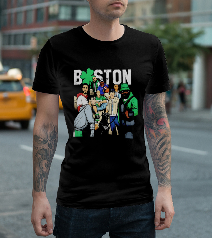 Boston Celtics Patriots Players With Shamrock And Boston T-Shirt