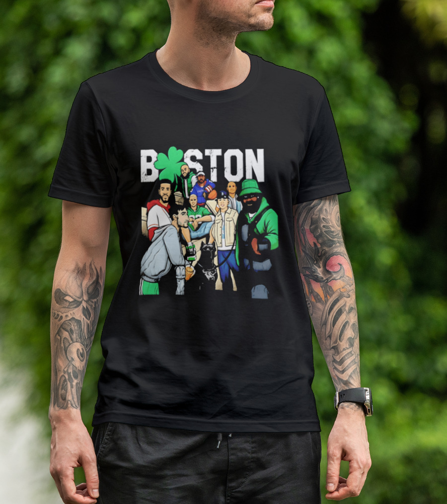 Boston Celtics Patriots Players With Shamrock And Boston T-Shirt