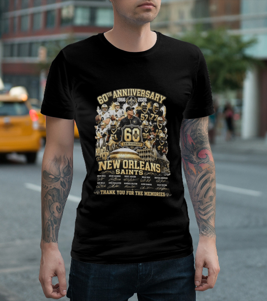 60th Anniversary 1966 2026 New Orleans Saints Thank You For The Memories Drew Brees Archie Manning Ricky Jackson T-Shirt