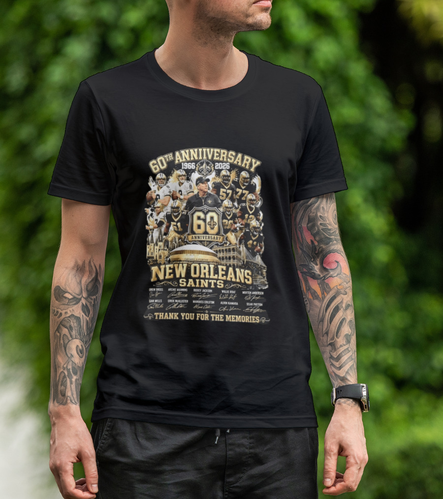 60th Anniversary 1966 2026 New Orleans Saints Thank You For The Memories Drew Brees Archie Manning Ricky Jackson T-Shirt