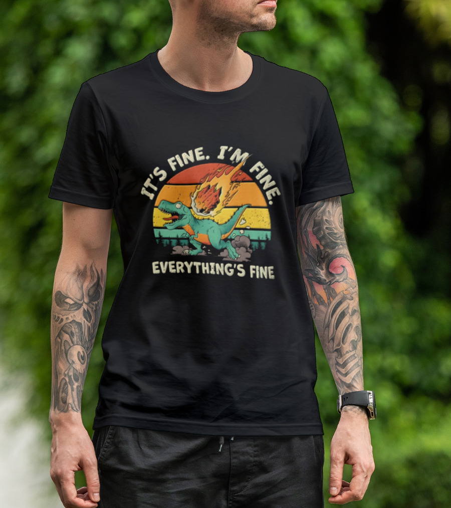 It's Fine I'm Fine Everything's Fine Cartoon Rex Running Meteor Sunset T-Shirt