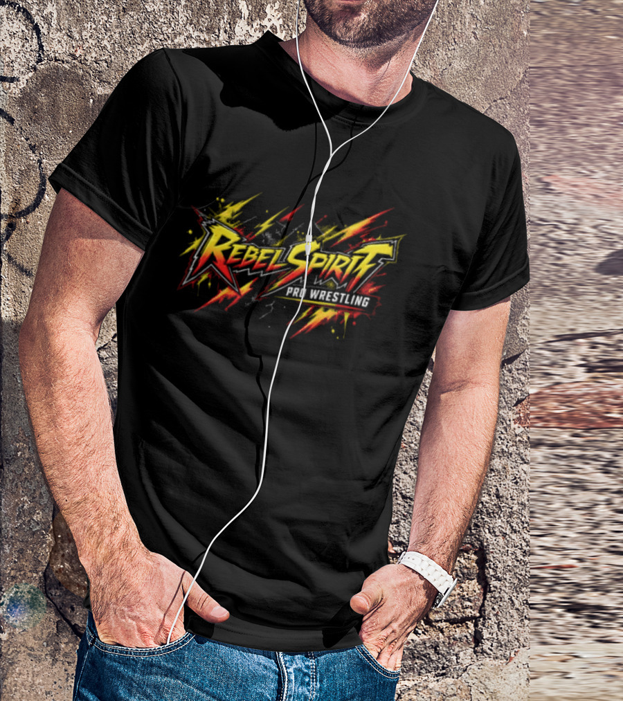 Rebel Spirit Pro Wrestling Spiky Lettering Paint Splatter Grunge Yellow Red Burst T-Shirt