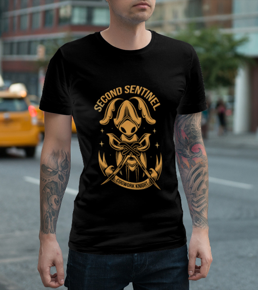 Second Sentinel Cogwork Knight Horned Insect Warrior Crossed Swords T-Shirt